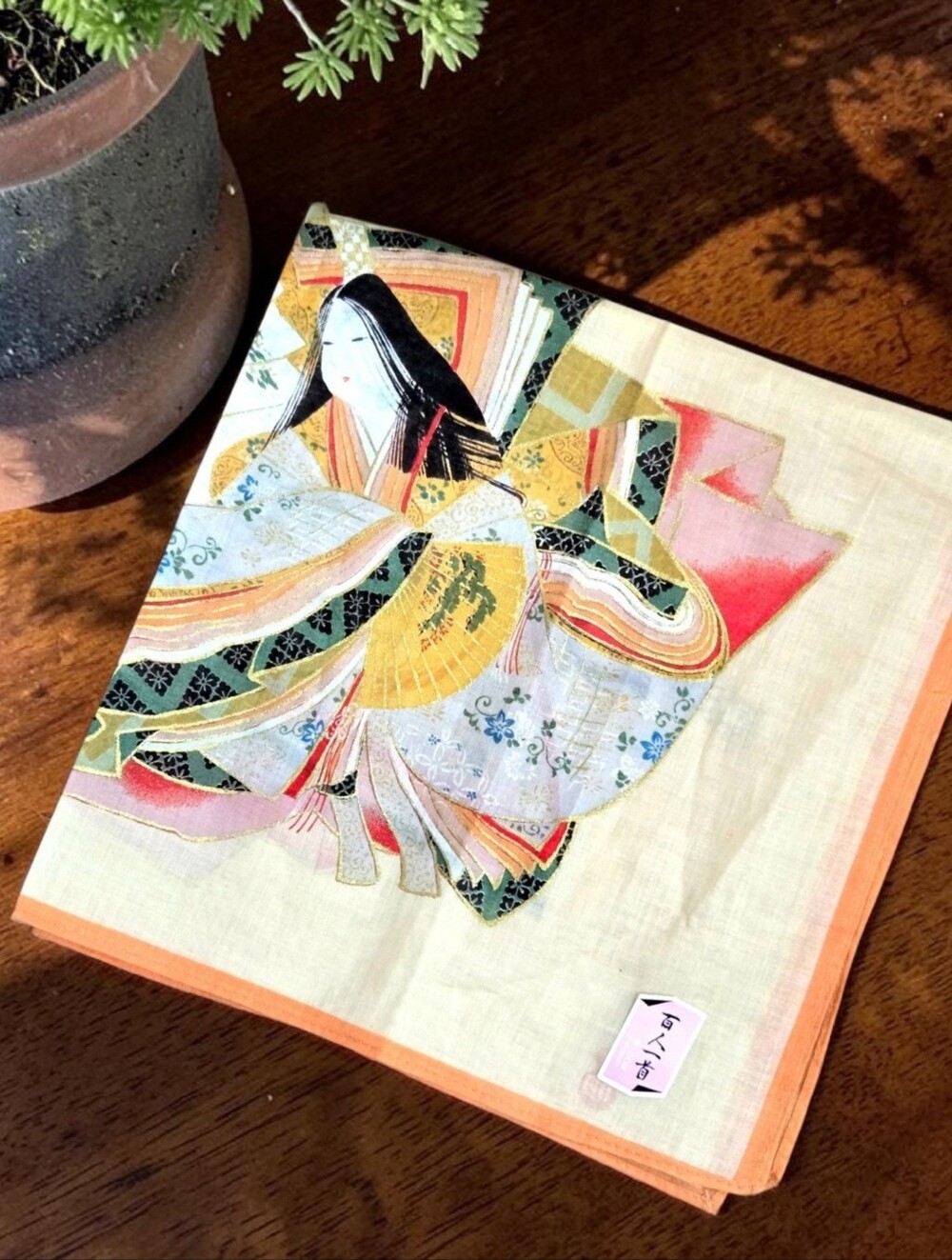 Japanese Cotton Handkerchief Hyakunin Isshu Poetry-inspired Lady In Kimono